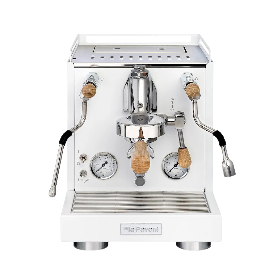 White La Pavoni espresso machine with wooden handles on a white background